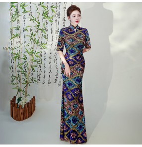 Chinese dresses traditional oriental royal blue gold sequins mermaid qipao dresses for women girls miss etiquette host singers photos shooting cosplay gown